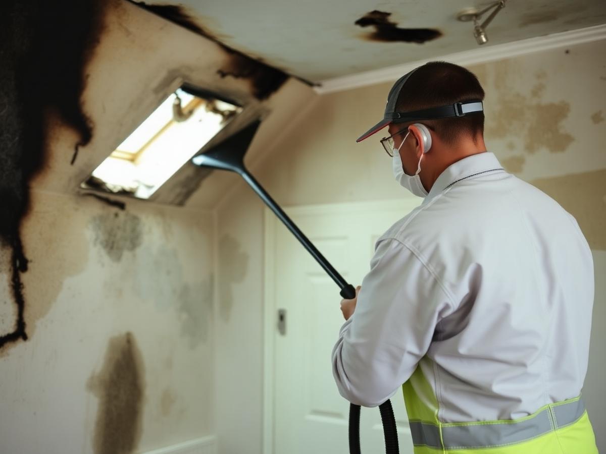 Technician cleaning soot and smoke damage from a room