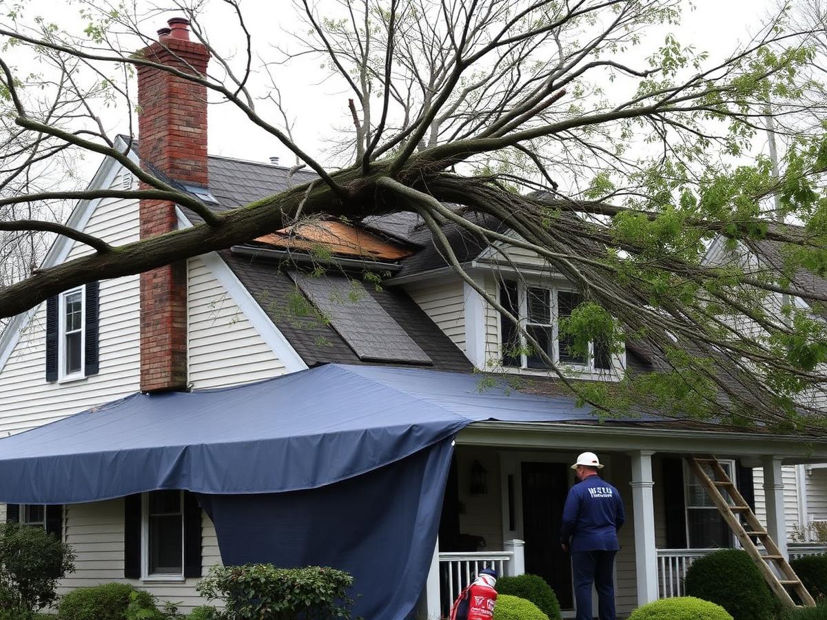Storm damaged home with fallen tree and emergency tarp