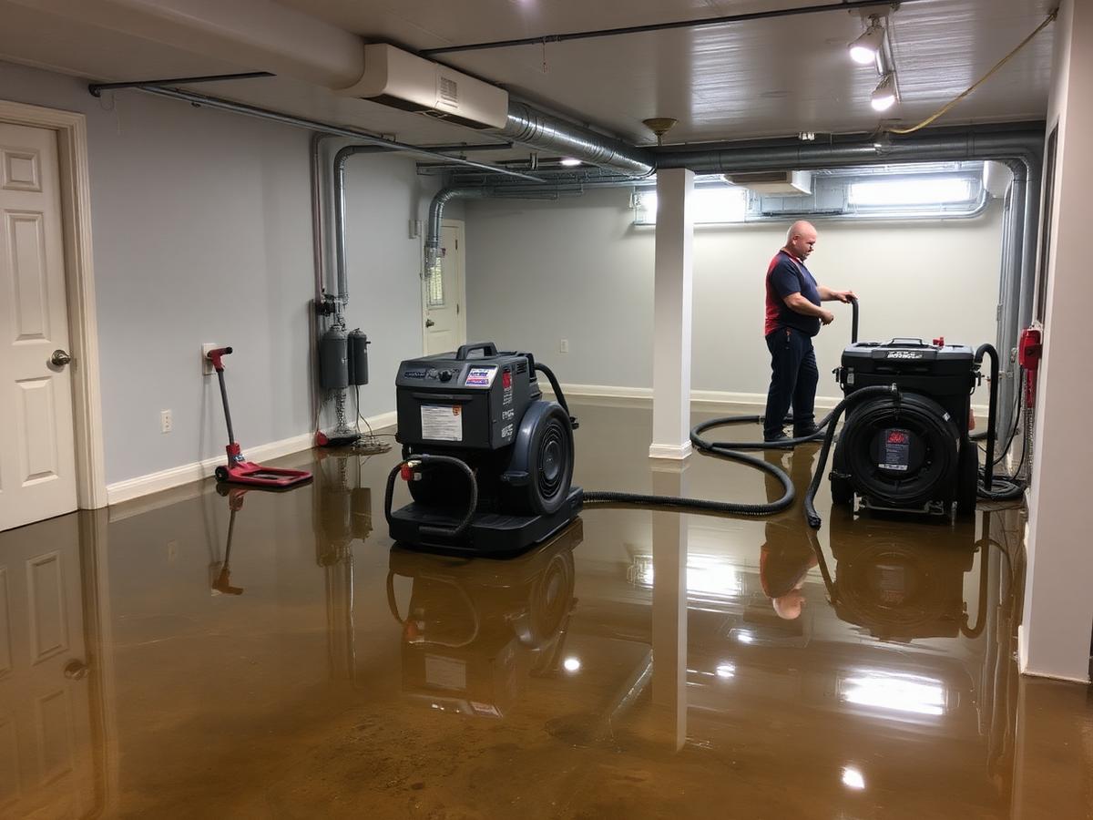Water extraction equipment drying a flooded basement